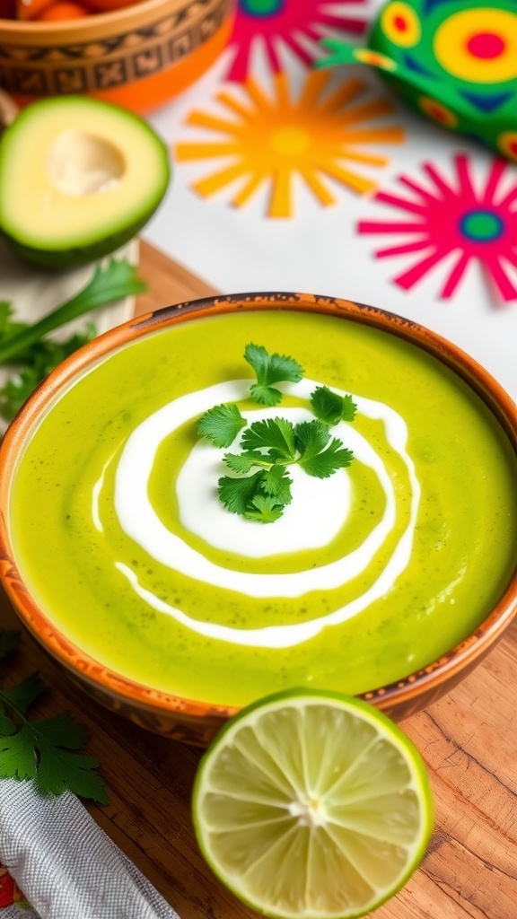 Refreshing Chilled Avocado Soup for Cinco de Mayo Chilled avocado soup garnished with yogurt and cilantro, served in a rustic bowl with lime on a festive table.